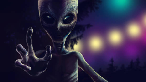 Scary alien is reaching out hand with four fingers to grab you. At night reptiloid on background of trees and lights from spaceship. Realistic portrait martian with dramatic lighting. 2d illustration.