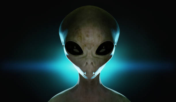 Spooky alien's face. Blue light in background. 3D rendered illustration.