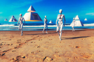 Futuristic cyborgs alien invasion beach landing.